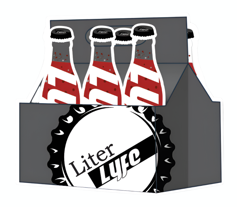 Six-pack of bottles with a bottle cap featuring 'LITER LYFC' on a gray background